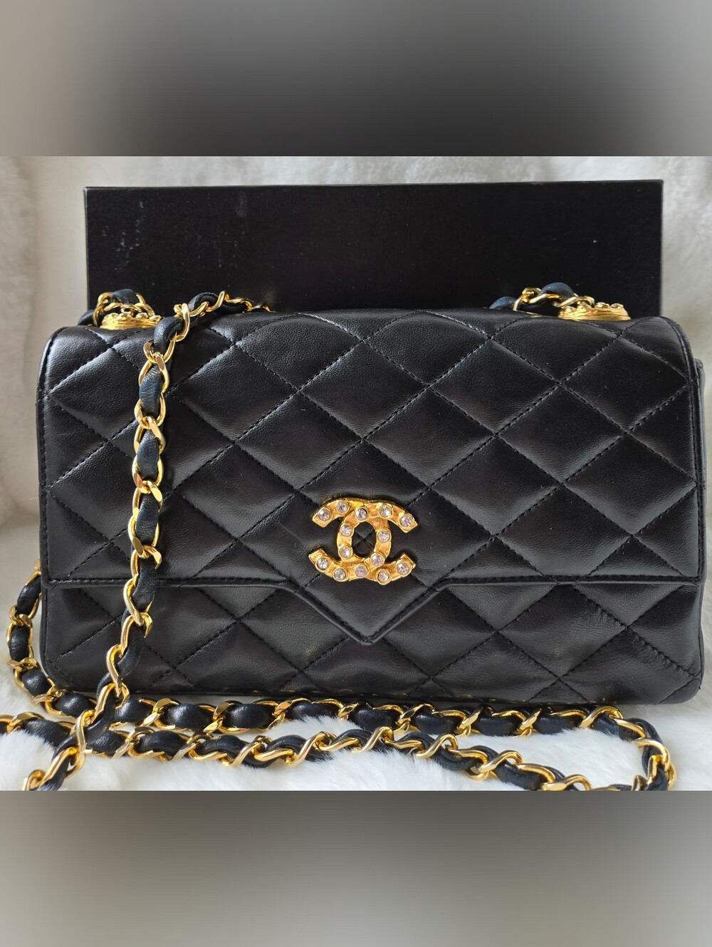Chanel Vintage Crystal CC Flap Bag Black Quilted Lambskin Box 1980s